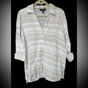 Ellen Tracy Tan and White Button Down Linen Tunic with Notched Collar
